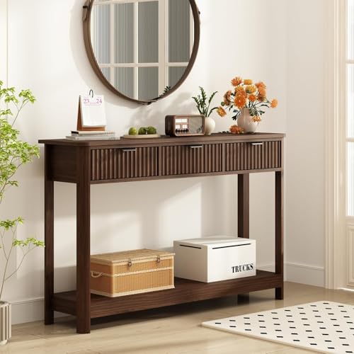 RUSTOWN Fluted Wood Console Table with 3 Drawers, Boho Narrow Behind Couch Entryway Table with Open Storage Shelf, Modern Sofa Table for Living Room, Foyer and Hallway (Dark Walnut) RUSTOWN