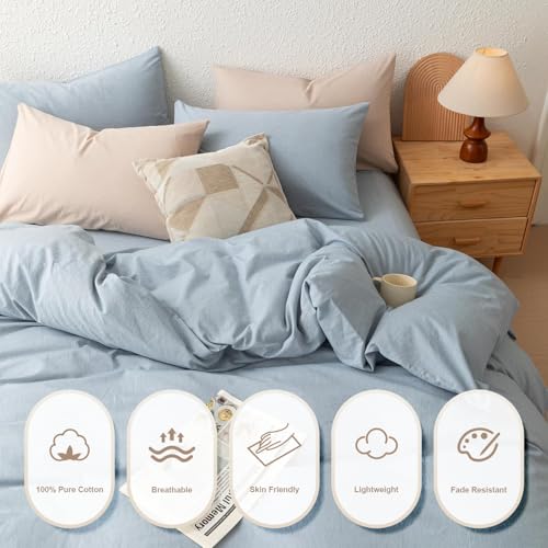 linenestbedding 100% Washed Cotton Duvet Cover Set Queen Size with Bag, Ultra Soft and Lightweight, All Season Bedding with Zipper and Ties, Minimalist Neutral Style (Dusty Blue, Queen(90"x90")) linenestbedding