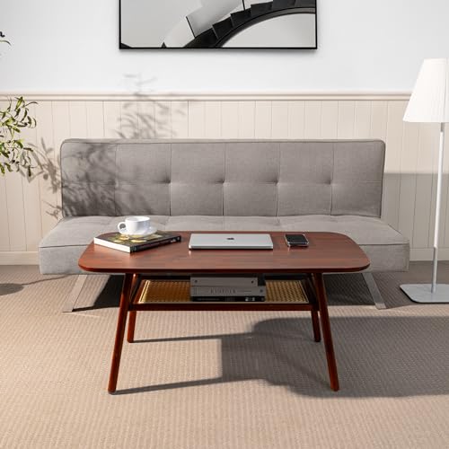 Bme Nancy Solid Acacia Wood Coffee Table for Living Room, Spacious Oval-Shaped 237 Lbs Top Capacity, Rattan Shelf Below, Mid Century, Rustic and Modern Style Living Room Furniture, Dark Chocolate