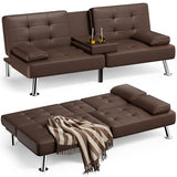 JUMMICO Faux Leather Futon Sofa Bed Futon Couch with Removable Armrests Adjustable Sleeper Sofa Bed with 2 Cup Holders for Living Room (PU Leather, Brown) JUMMICO