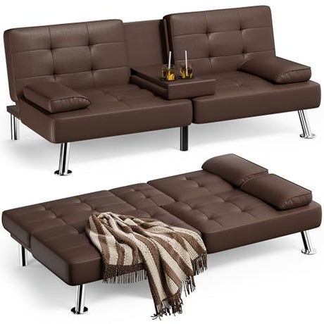 JUMMICO Faux Leather Futon Sofa Bed Futon Couch with Removable Armrests Adjustable Sleeper Sofa Bed with 2 Cup Holders for Living Room (PU Leather, Brown) JUMMICO
