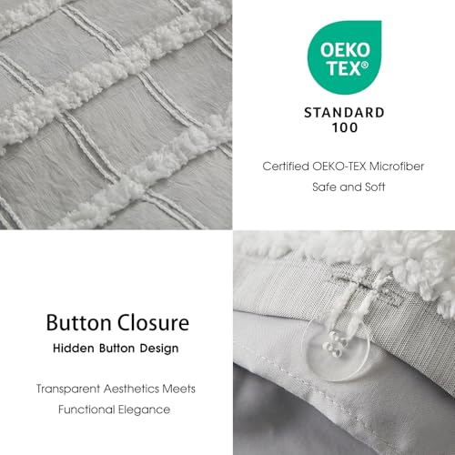 Ranunculus Tufted Boho Queen Duvet Cover Set, Fluffy Washed Microfiber Stripe Duvet Cover Queen Size with Button Closure & 2 Pillow Shams for All Seasons, Comforter Not Included (Grey Check, 90"x90") Ranunculus