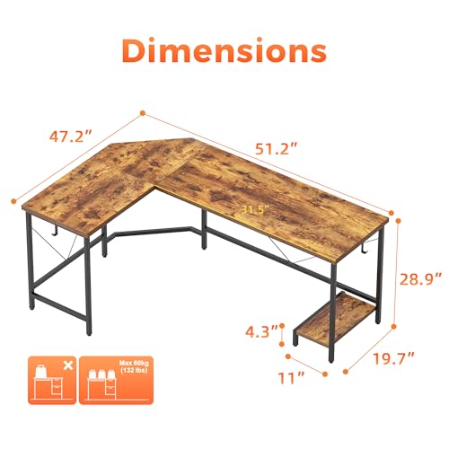 Mericonia 50 inch Large L Shaped Desk, Simple Corner Gaming Desk with CPU Stand & Hooks, Computer Desk for Home, Bedroom & Office Workspace, Dark Brown Mericonia