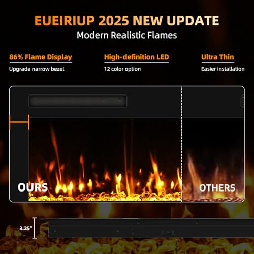 Eueiriup 2025Upgraded 72” Recessed and Wall Mounted Electric Fireplace, Ultra Thin Narrow Beleze Fire Places with Remote Control, Screen Control,Adjustable Flame Colors and Speed Eueiriup