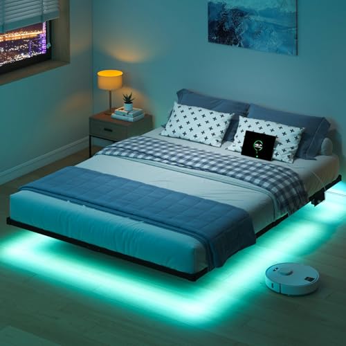 HAVONIZD Full Size Floating Bed Frame with LED Lights and Charging Station - 10 inch Platform Bed Frame No Box Spring Needed, Easy Assembly HAVONIZD