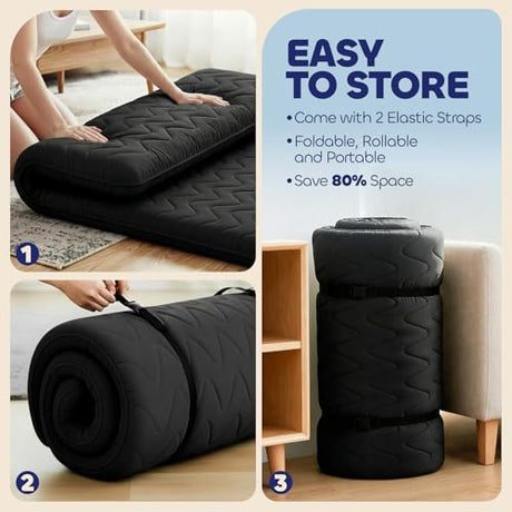 COZYFUZY Japanese Floor Mattress Futon - 3.5" Extra Firm Foldable Tatami Mat, 5-Layer Support with High-Density Foam Portable Floor Bed for Guest, Dorm, Kids Room & Camping Black Twin COZYFUZY