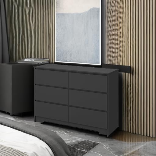 Panana Modern 6 Drawer Double Dresser, Wood Wide 6 Chest of Drawers with Deep Drawers Floor Storage Lateral Drawer Cabinet Organizer for Living Room Bedroom Home Office (Black) Panana