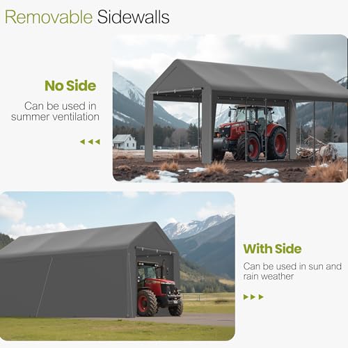 GOJOOASIS 10x20 Carport Heavy Duty Portable Garage Shelter Metal Car Canopy Tent with UV-Resistant & Weatherproof Top Cover for RV & Vehicles (Gray, 10x20 with sidewalls) GOJOOASIS