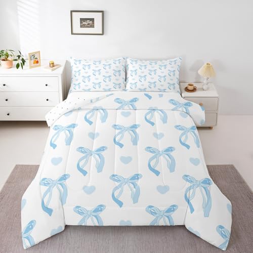jejeloiu Cute Blue Bow Bedding Set Twin Size Ribbon Bow Comforter Set for Kids Women Cartoon Love Heart Duvet Set Blue White Quilt Set 2Pcs jejeloiu