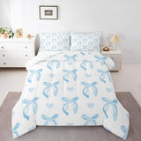 jejeloiu Cute Blue Bow Bedding Set Twin Size Ribbon Bow Comforter Set for Kids Women Cartoon Love Heart Duvet Set Blue White Quilt Set 2Pcs jejeloiu