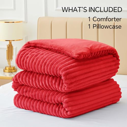 BEDELITE Fleece Twin Comforter Set -Super Soft & Warm Fluffy Red Bedding, Luxury Fuzzy Heavy Bed Set for Winter with 1 Pillow case BEDELITE