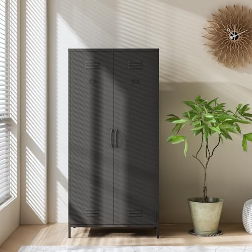 Steehoom Armoire Wardrobe Closet, Metal Storage Clothes Cabinets Locker with Doors Tall Freestanding Armoire Wardrobes for Bedroom Hanging Clothes, Heavy Duty, Black Steehoom