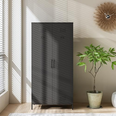 Steehoom Armoire Wardrobe Closet, Metal Storage Clothes Cabinets Locker with Doors Tall Freestanding Armoire Wardrobes for Bedroom Hanging Clothes, Heavy Duty, Black