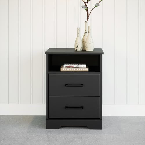 Prepac Rustic Ridge Farmhouse Nightstand Bedside Table, Black Nightstand for Bedroom, End Table with 2 Drawers and Open Shelf 16.25"D x 18.75"W x 24.5"H Prepac
