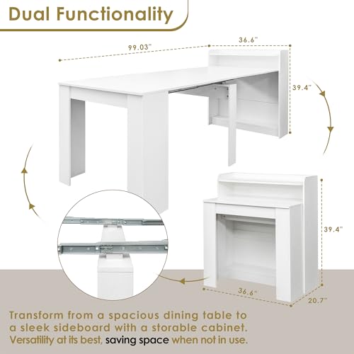 DMAITH 20"-99" White Extendable Dining Table with Storage for 2-10 People, Modern Modular Extension Table, Space-Saving Extra Long Folding Dining Table, Multifunctional Conference Meeting Table DMAITH