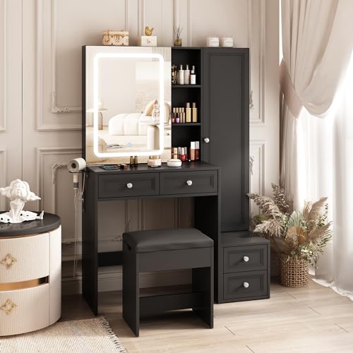 Makeup Vanity Desk with LED Lighted Sliding Mirror, Vanity Table with Jewelry Cabinet and 4 Drawers, Charging Station & Lots Storage Shelves, Adjustable Brightness, Dressing Table Cushioned Stool Set Vabches