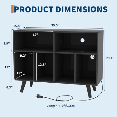 IDEALHOUSE Record Player Stand with Vinyl Storage, 39.5in Large Vinyl Record Holder Player Cabinet Wood Turntable Stand Up to 350 Albums with Charging Station for Living Room, Black IDEALHOUSE