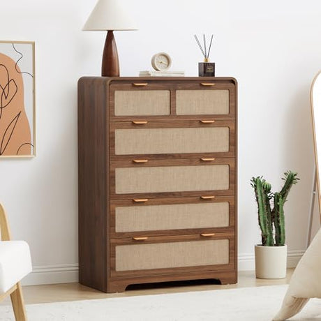 RUSTYER 43" Tall Dresser for Bedroom, 5 Drawer Mid Century Modern Dresser with Natural Linen, Curved Wood Chest of Drawers Closet Clothes Storage Organizer for Living Room, Hallway (Walnut) RUSTYER