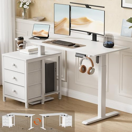 REAHOME Electric Standing Desk with Drawers, 47 x 24 Inches Height Adjustable Sit Stand Desk with Storage, 3 Memory Preset Home Office Computer Table, Printer Cabinet, 2 Hooks, Cable Management, White REAHOME