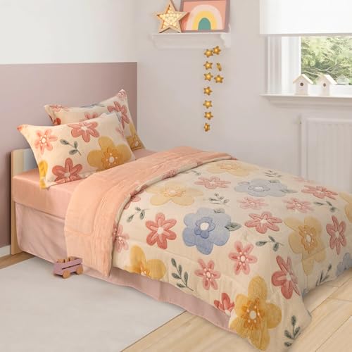 Holawakaka Full Fluffy Comforter Set, Cute Botanical Flowers Print Fleece Bedding Set for Girls Women, Super Soft Floral Fuzzy Bed Set with Pillowcases for Nursery & Kids Teen's Bedroom Holawakaka