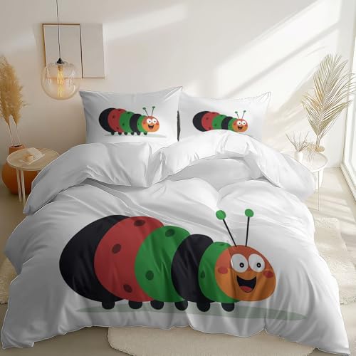 White 3 Piece Duvet Cover Set, 1 Printed Zipper Closure Duvet Cover with 2 Pillow Shams, Ultra Soft Brushed Microfiber Single with Minimalist Fun Cartoony and Generic