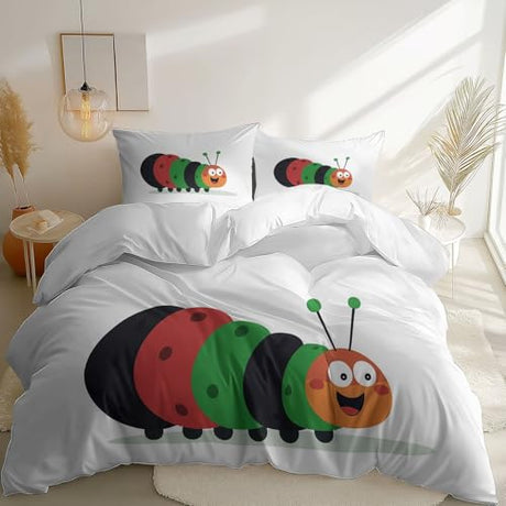 White 3 Piece Duvet Cover Set, 1 Printed Zipper Closure Duvet Cover with 2 Pillow Shams, Ultra Soft Brushed Microfiber Single with Minimalist Fun Cartoony and Generic
