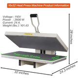 WUMSTOT Heat Press Machine 16x32: Large Format 2600W 110V Manual Clamshell Heat Transfer Press for T-Shirts Vinyl Sublimation DTF Printing Commercial Digital WUMSTOT