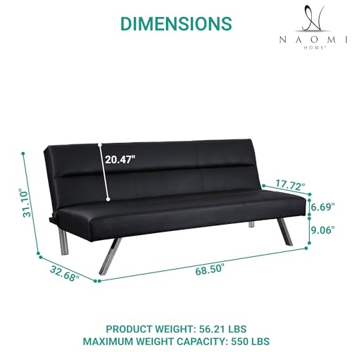 Naomi Home Zoe Futon Sofa Bed, Faux Leather Futon Couch, Modern Convertible Folding Sofa Bed Couch with Chrome Legs, Reclining Mini Couch, Leather Futon Small Couch for Bedroom Living Room Black