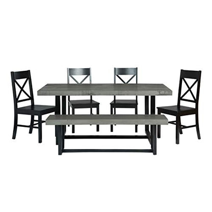 Walker Edison Barnes 6-Piece Rustic Metal and Wood Dining Table with X-Back Chairs, Set of 6, Grey/Black - WoodArtSupply