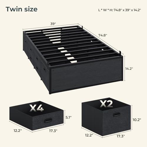 ADORNEVE Twin Bed Frames with 12 Storage Drawers, Metal Bed Frame Twin with Steel Slat Support, Footboard, Platform Bed for Kids,Teens, No Box Spring Needed, Easy Assembly, Noise-Free,Black ADORNEVE