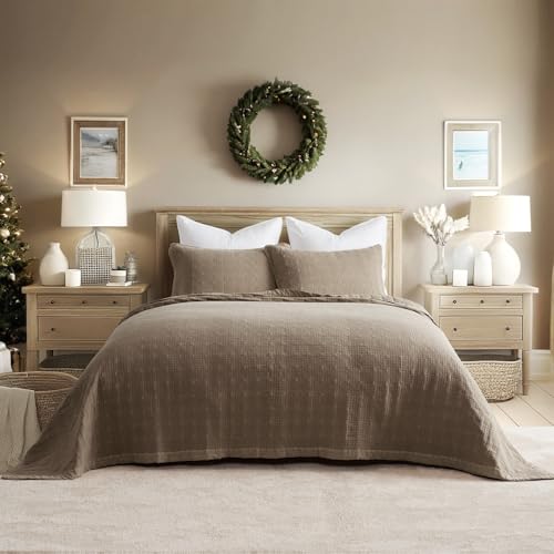 EVERGRACEHOME Stonewashed Cotton Quilt Set King Size, Ultra Soft Oversized Bedspread Coverlet Set, Lightweight Crinkle Box Stitch Bedding Sets for All Season, with 2 Shams, Mocha Brown EVERGRACEHOME