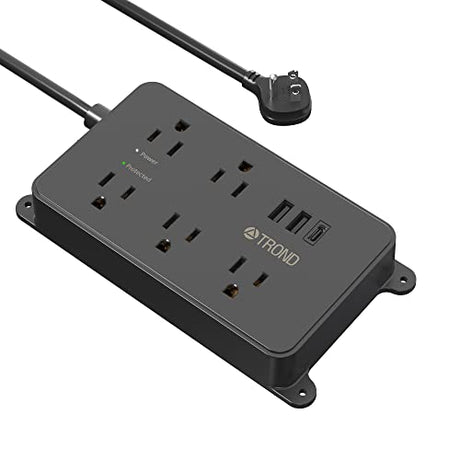 TROND Power Strip Surge Protector, 5 Widely-Spaced Outlets with 3 USB Ports (1 USB C), ETL Listed, Wall Mountable, Flat Plug 5ft Extension Cord, 1300J, 14AWG Heavy Duty, for Office Kitchen, Black TROND