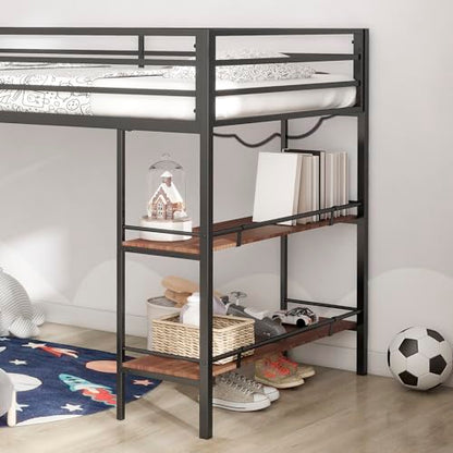 LOPOO Twin Loft Bunk Bed with Cinnamon Wood Shelf and Black Metal Frame - Stylish Space-Saving Solution for Kids - WoodArtSupply