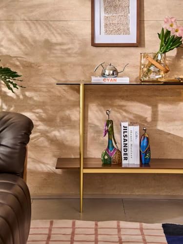 Glass Console Table for Living Room, Foyer & Entrance, 2-Tiers Mid-Century Modern Sofa Table with Amber Glass Top, 41" D x 14" W x 31.5" H, Walnut Finish Wood Shelf and Gold Finish Frame Shrine