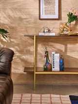 Glass Console Table for Living Room, Foyer & Entrance, 2-Tiers Mid-Century Modern Sofa Table with Amber Glass Top, 41" D x 14" W x 31.5" H, Walnut Finish Wood Shelf and Gold Finish Frame Shrine