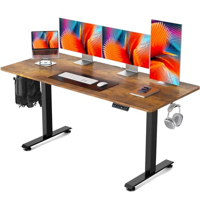 Veken 63 Inch Electric Standing Desk, Height Adjustable Sit Stand Up, Wood Desktop, Work Home Office Computer PC Table, Tall Standup Workstation, Gaming Writing Study Bedroom Rising Desks, Brown