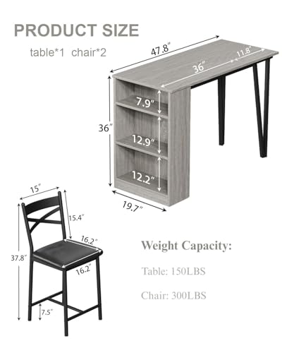 GarveeHome Extendable Bar Table Set for 2, 16 in Wide Cushions for Comfortable Seating, Bar Table and Chairs Set, Suitable for 2-4 People, Sturdy and Durable New Choice, Gray GarveeHome