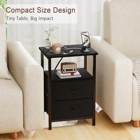 LOAKEKEL Nightstand with Charging Station, End Table with 2 Fabric Drawers, Night Stand for Bedroom, Small Bed Side Table with USB Ports and Outlets for Living Room, Black, HETS020BK-1 LOAKEKEL