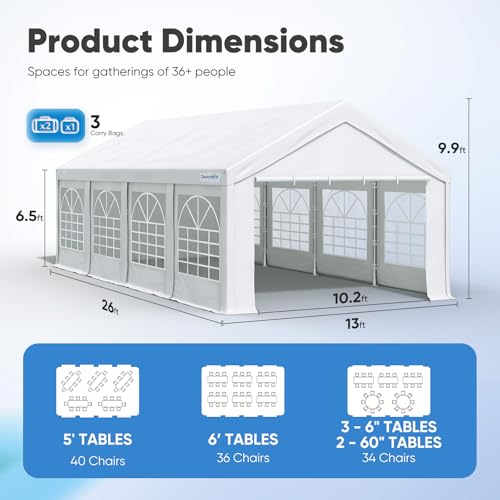 Quictent 13x26ft Party Tent Heavy Duty Outdoor Gazebo White Party Wedding Tent Canopy Shelter Carport with 4 Carry Bags Quictent