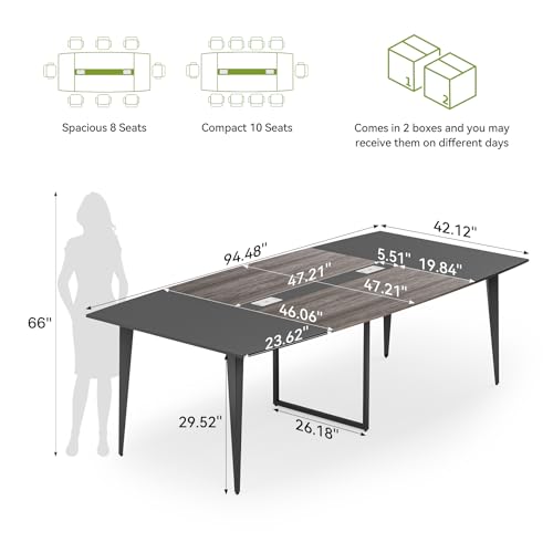 LITTLE TREE 8FT Conference Room Table, 94.48L x 47.21W x 29.52H Boat Shaped Meeting Table, Grey&Black LITTLE TREE