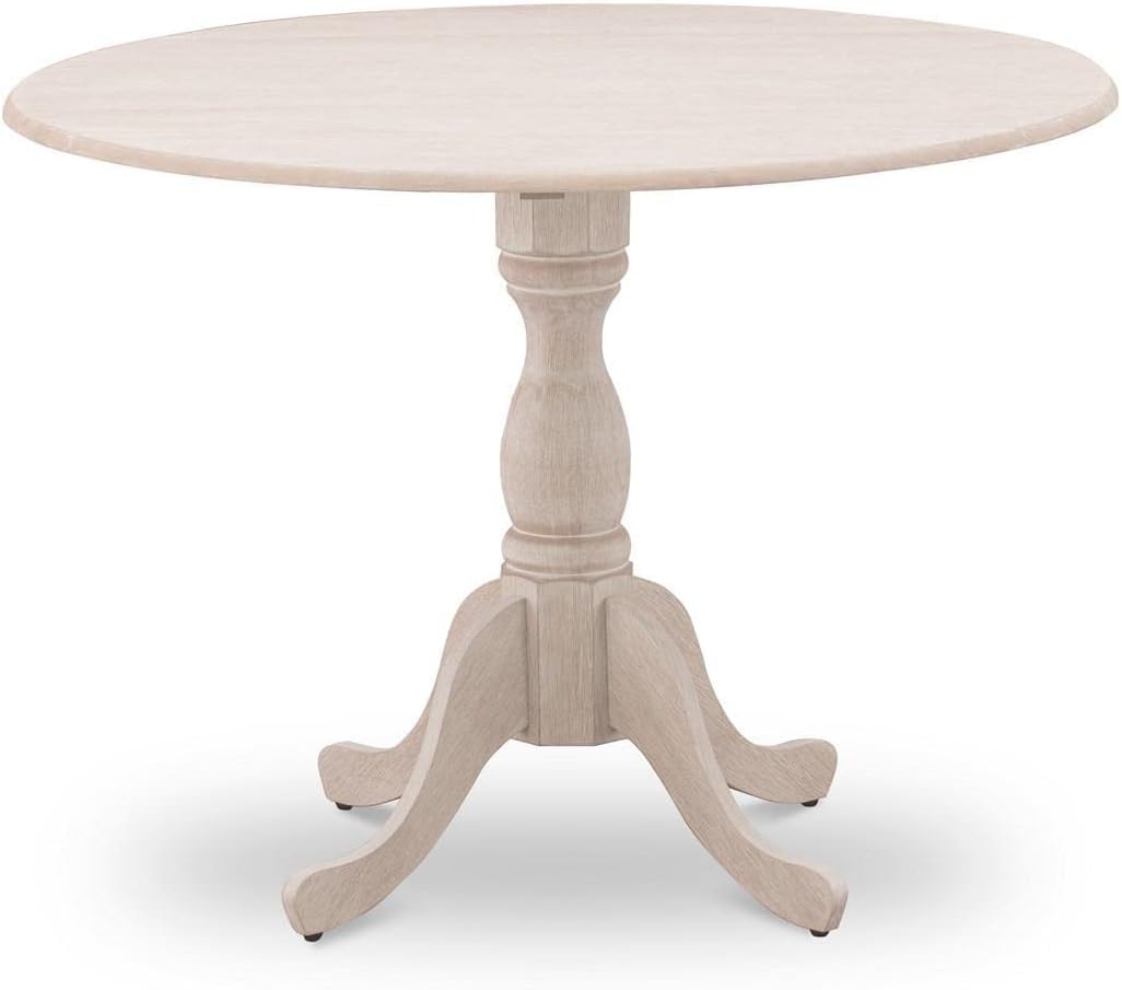 East West Furniture DMT-ABC-TP Dublin Kitchen Dining Table - a Round Wooden Table Top with Dropleaf & Pedestal Base, 42x42 Inch, Wirebrushed Buttercream - WoodArtSupply