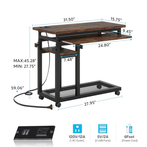 Tribesigns Small Portable Desk with Power Outlet, Height Adjustable Sofa Couch Bedside Laptop Table with Wheels, Mobile Standing Desk Rolling Computer Cart C Side Table with USB Ports - WoodArtSupply