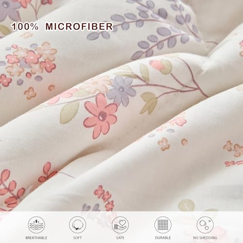 Joyreap 6pcs Cotton Comforter Sheet Set for Girls, Twin Size Bed in a Bag, Pink Floral Design, Soft n Cozy Kids Bedding Comforter Set for All Season- 68x88 inches Joyreap