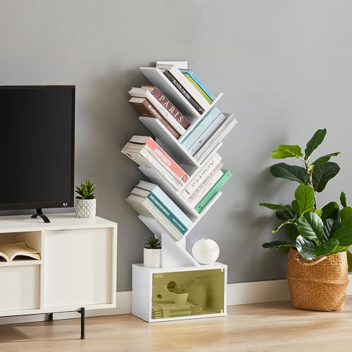VECELO 7-Tier Tree Bookshelf with Drawer, Wooden Tree-Shaped Book Display Shelves for CDs/Magazines/Books, FreeStanding Geometric Bookcase Organizers for Home Office, Ivory White VECELO