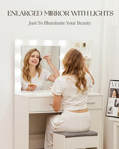 LIVELYGLOW Vanity Desk with Mirror and Lights, Makeup Vanity with Drawer & Storage Shelves, Cabinet, 3 Lighting Modes Adjustable Brightness, Bedroom Dressing Table, White LIVELYGLOW