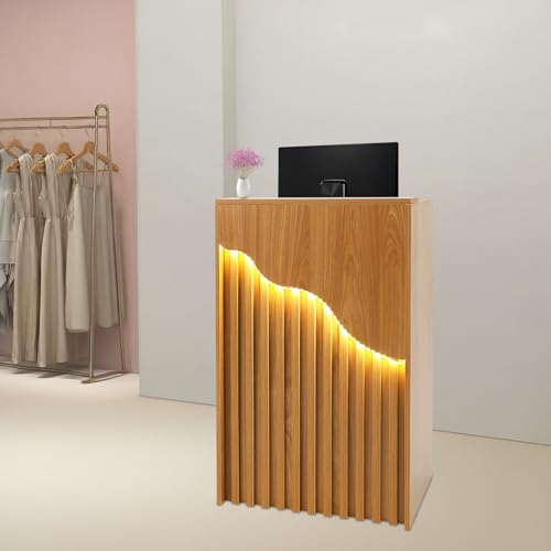 CNCEST L-Shaped Small Space Reception Desk with Locking Storage & LED Light, Modern Oak Front Desk Checkout Counter for Hotel, Shop, Beauty Salon, Office CNCEST