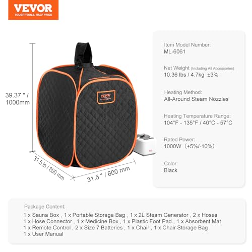 VEVOR Portable Personal Steam Sauna Spa Tent with 2L 1000 Watt Steam Generator, Includes Foldable Chair, Home Therapeutic Sauna Blanket for Detox Relaxation, Time & Temperature Remote Control, Black VEVOR
