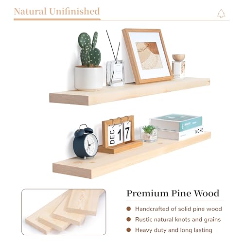 Marsmiles 36 Inch Floating Shelves Wood Unfinished, Natural Wooden Floating Shelves for Wall Set of 2, Solid Wood Wall Mounted Shelves for Bathroom - WoodArtSupply