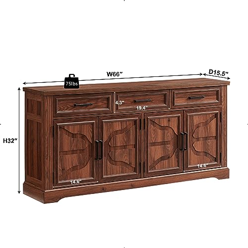 JXQTLINGMU 66" Large Buffet Sideboard Cabinet with 4 Doors and 3 Drawers, Buffet Table Coffee Bar Wine Bar Storage Cabinet for Dining Room, Living Room, Hallway, Dark Brown - WoodArtSupply