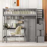 Twin Loft Bed with Storage, Desk, and Wardrobe by Harper & Bright Designs - Grey Solid Wood Frame Harper & Bright Designs